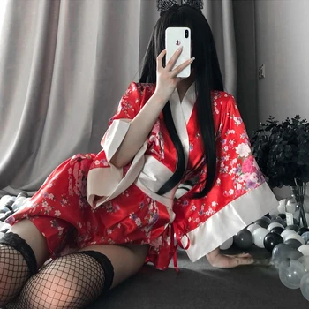 Japansk Kimono, Sexet Cosplay Tøj Til Kvinder, Traditionel Stil Robe Yukata Kostumer Pyjamas Blød Silke Bælte 3stk Sæt Sort Rød
