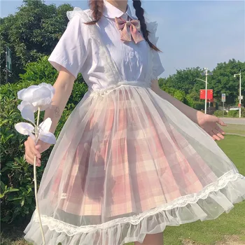 Japansk Lolita Kvinder Hvid Sundress Preppy Stil Seler Blonder Flæser Ærmeløs Kjole Sød Kawaii Alle-Match Tyl Kjole
