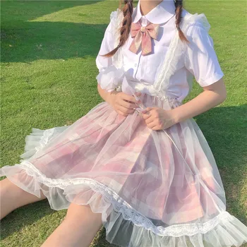 Japansk Lolita Kvinder Hvid Sundress Preppy Stil Seler Blonder Flæser Ærmeløs Kjole Sød Kawaii Alle-Match Tyl Kjole