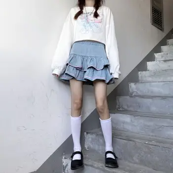 Japansk Pige Punk LolitaMini Nederdele Kvinder Sød Sexet Høj Talje Differentieret Nederdel Søster Harajuku Søde Jk Denim Nederdel Sommer A-Linje