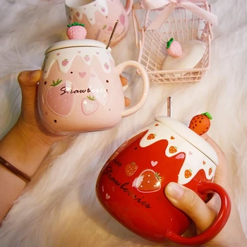 Japansk Stil Keramiske Søde Jordbær Og Krus med Låg og Ske Kreative Porcelæn Morgenmad, Mælk, Havregryn Cup Drinkware