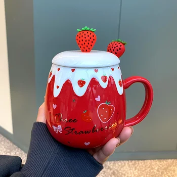 Japansk Stil Keramiske Søde Jordbær Og Krus med Låg og Ske Kreative Porcelæn Morgenmad, Mælk, Havregryn Cup Drinkware