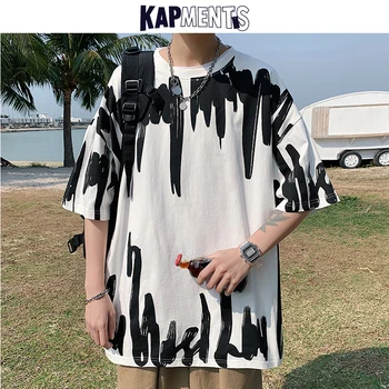 KAPMENTS Mænd Tie Dye Harajuku Japansk Streetwear t-shirts 2021 Herre Sommer Sort Bomuld Plus Size Toppe Mandlige Mode Løs Tshirt