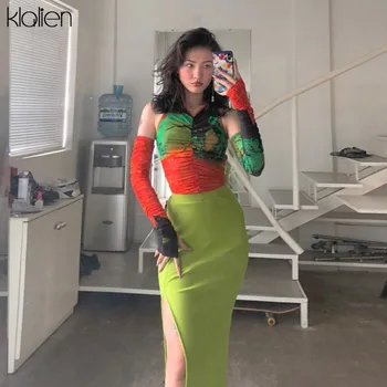 KLALIEN sommer mode kpop harajuku kvindelige T-shirt-sexet farverige og afslappede mesh t-shirt blød tynde strække grundlæggende top hot salg