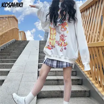 KOSAHIKI Japansk Stil Kawaii Hoodie Kvinder 2021 Harajuku Tegnefilm Print Hoodie Harajuku Toppe Brev Udskrivning Sweatshirt