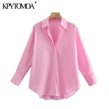 KPYTOMOA Kvinder 2021 Mode Løs Asymmetri Poplin Bluser Vintage-Lange Ærmer-Knap-op Kvindelige Skjorter Blusas Smarte Toppe