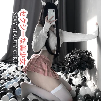 Kawaii Anime Cosplay Studerende Fra Skulder Sweater Top og Nederdel Sexet Lingeri Sæt Kvinders Djævelens Angel Kostumer Erotisk Hårbånd
