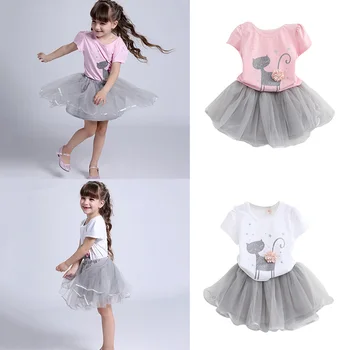 Kids Tøj Sæt 1-6T Sommer Baby Girls Cute Dress Blomster Printet T-shirt+ Mesh Kort Nederdel 2STK Outfits Børn Tøj