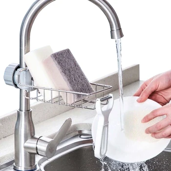 Kitchen Sink Faucet Hylde Af Rustfrit Stål Svamp Holder Justerbar Vask Vandhane Viskestykke, Håndklæde Storage Rack