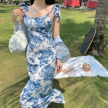 Kjole Kvinder koreansk Stil Vintage Blå Hvid Blomster Elegante Holiday Beach Camisole Ankel-længde Sød Populære Spiselige Træ Svamp