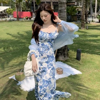 Kjole Kvinder koreansk Stil Vintage Blå Hvid Blomster Elegante Holiday Beach Camisole Ankel-længde Sød Populære Spiselige Træ Svamp