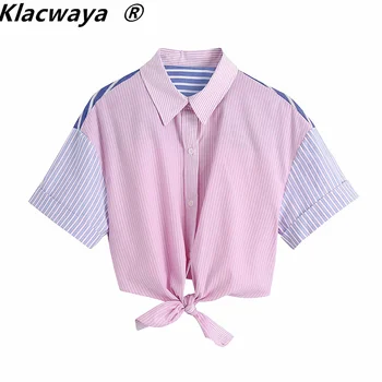 Klacwaya Kvinder 2021 Mode Patchwork Stribet Løse Bluser Vintage Kort Ærme-Knap-op Knyttede Hem Kvindelige Skjorter Smarte Toppe