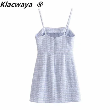 Klacwaya Za 2021 Kvinder Sommer Kjole Blå Plaid Tekstureret Slip Korte Kjoler, Rygløs Tweed Kontor Eleagnt Mini Kjoler
