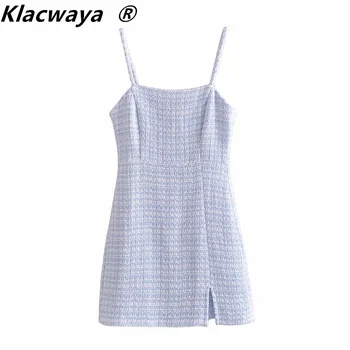 Klacwaya Za 2021 Kvinder Sommer Kjole Blå Plaid Tekstureret Slip Korte Kjoler, Rygløs Tweed Kontor Eleagnt Mini Kjoler