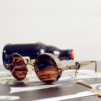 Klassisk Gotisk Steampunk Solbriller Luksus Brand Designer Høj Kvalitet Mænd og Kvinder Retro Round Metal Frame Sunglasses UV400
