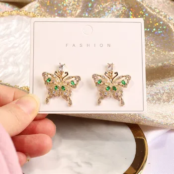 Korea Nyt Design, Fashion Smykker i Høj Kvalitet, Micro Indlagt Zircon Øreringe Elegant Grøn Krystal Sommerfugl Øreringe til kvinder