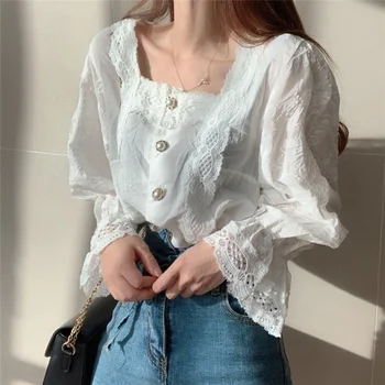 Korea Smarte Skjorte, Vintage Hule Blomst Kvinder Lace Tøj Firkantet Krave Lange Flare Ærmer Pearl Knappen Toppe Blusas 13688
