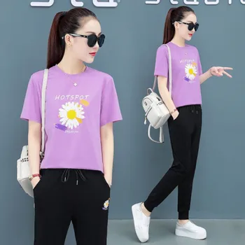 Koreanere To Delt Sæt Casual Bukser Passer Til Kvinder Sommer Tøj Lidt Daisy Fashion Størrelse Korte Ærmer Lavendel Blå Hvid