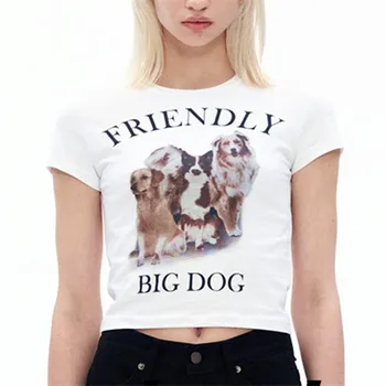 Koreanere Venligt Stor Hund, Trykt Bomuld T-Shirts Kvinder Sexet Tynde Streetwear O-hals 2021 Sommer Tees Seje Piger Casual Crop Tops