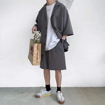Koreansk Stil Mænds Sæt habitjakke og Shorts Solid Tynde Korte Ærmer Enkelt Lomme Knæet-Længde Sommeren Oversize Tøj Mand