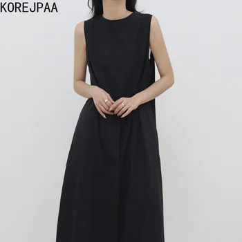 Koreansk mode smarte sommer retro solid farve rund hals løs solid farve uregelmæssige vest delt kjole lang nederdel kvinder