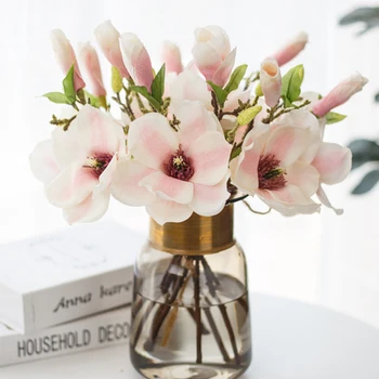 Kort Gren Mini Magnolia Kunstig Blomst Bryllup Hjem DIY Silke Blomst boligindretning Vase Ornamenter Føler Skum Q44