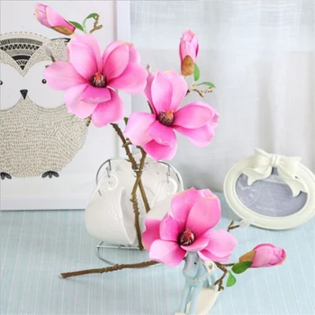 Kort Gren Mini Magnolia Kunstig Blomst Bryllup Hjem DIY Silke Blomst boligindretning Vase Ornamenter Føler Skum Q44