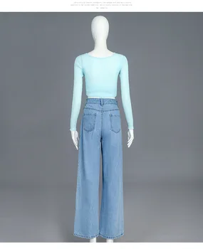 Kpop koreanere Kendte mode slanke kort lang-ærmet strik trøjer+løs denim wide-ben bukser kvinder 2 delt sæt med top og bukser