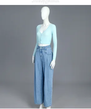 Kpop koreanere Kendte mode slanke kort lang-ærmet strik trøjer+løs denim wide-ben bukser kvinder 2 delt sæt med top og bukser