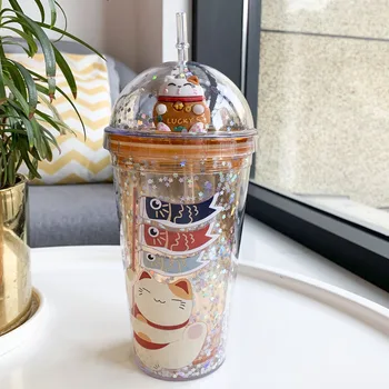 Kreative Lucky Cat / Unicorn Vand Kopper Med Halm Japansk Pink Søde Ice Cup Piger Double Wall Drikke Julegaver Kopper