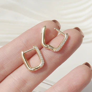 Kreative enkle design lås firkantet øreringe 14K ægte guld udsøgt kobber indlagt zircon kvinder øreringe smykker
