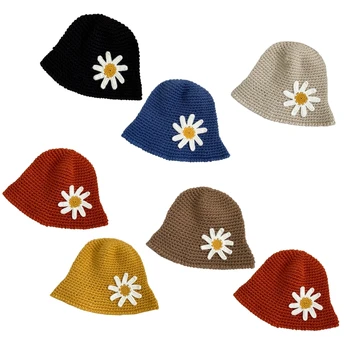 Kvinder Chunky Hæklet Og Strikket Dome Bucket Hat Søde Daisy Blomster Solid Farve Round Top Vinter Overtræksbukser Fisker Cap