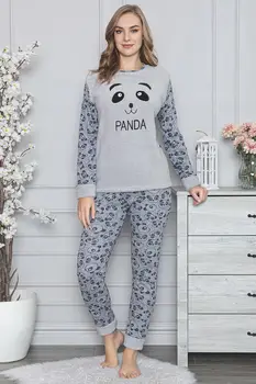 Kvinder Efterår og Vinter med Lange Ærmer Bomuld Pyjamas Sæt Nattøj Passer Karton Søde Store Piger Homewear Gave til Kvindelige Panda Grå