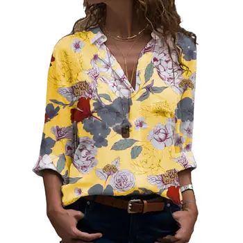 Kvinder Foråret Shirt med Lange Ærmer Turn-down Krave Bluser Blomster Print Bluse Løs Single-breasted Kontor Dame Skjorte Afslappet Top