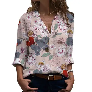 Kvinder Foråret Shirt med Lange Ærmer Turn-down Krave Bluser Blomster Print Bluse Løs Single-breasted Kontor Dame Skjorte Afslappet Top
