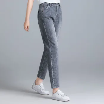Kvinder Grå Denim Jeans Straight Slim Niende Point Flade Fødder Denim Beskåret Harem Jeans Til Foråret og Sommeren S Til 4XL