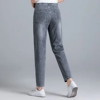 Kvinder Grå Denim Jeans Straight Slim Niende Point Flade Fødder Denim Beskåret Harem Jeans Til Foråret og Sommeren S Til 4XL