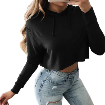 Kvinder Hot Mode hoodie sweatshirts og Trøjer Dame langærmet kort slank outwear Hætteklædte Crop Tops Solid Sexet Casual Tøj