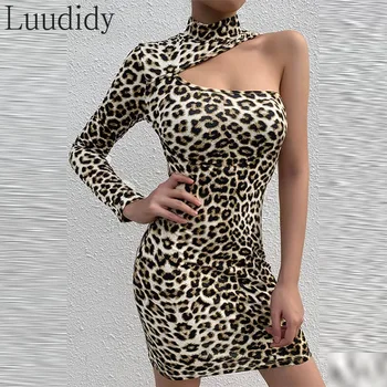 Kvinder, Høj Krave Ene Skulder Hule Ud Leopard Print Tynde Mini Kjole