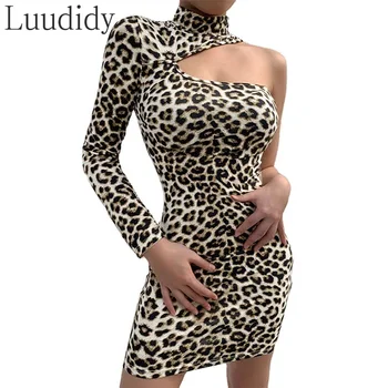 Kvinder, Høj Krave Ene Skulder Hule Ud Leopard Print Tynde Mini Kjole