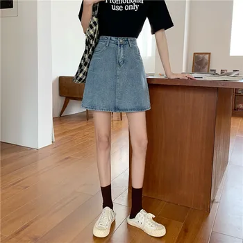 Kvinder Klassiske Denim Nederdele Solid Blå Retro A-line Mini Teenagere Slank Lommer Fritid Fashionable koreansk Stil Hunner Populære