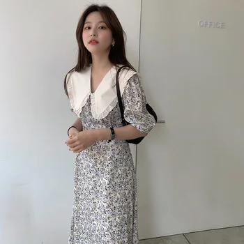 Kvinder Koreansk Stil Sommeren 2021 Nye Mode Elegant Kjole Smarte Trykt