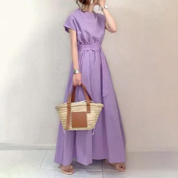 Kvinder Maxi-Længde Kjole Japansk Korte Ærmer Skifte Damer Mode koreansk Stil A-linje Pullover Swing Kjoler 2021 Nye Udseende