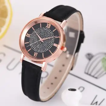 Kvinder Mode Rhinestones Indlagt Runde Skive Analog Display Quartz Armbåndsur Dameur Casual Læder Armbåndsur Reloj Mujer