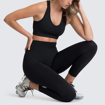 Kvinder Problemfri Yoga Sæt Sportstøj Strikket Ribbet Hurtigt Tør Workout Fitness Tøj Trænings-Og Ærmeløs Afgrøde Top Høj Talje Leggings