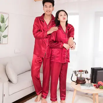 Kvinder Silke Satin Pyjamas Sæt Par Ensfarvet Langærmet Nattøj Suit Female Sove To Delt Sæt Loungewear Plus Størrelse