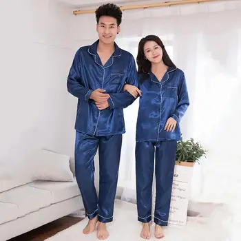 Kvinder Silke Satin Pyjamas Sæt Par Ensfarvet Langærmet Nattøj Suit Female Sove To Delt Sæt Loungewear Plus Størrelse