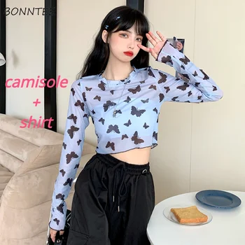 Kvinder Sætter Camisole og Butterfly-print Gaze Shirt koreansk Stil, Smarte Trendy Populære Rekreative Y2k Kvinde Tøj Hot Salg Sommer