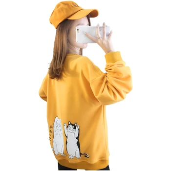Kvinder Sød Sweatshirt I Løs Crewneck Langærmet Toppe Streetwear Kat Udskriver Oversized Sweatshirt Efteråret Tøj