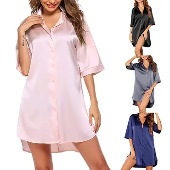 Kvinder Søvn Toppe Undertøj Solid Farve Sove Shirt Half Sleeve Enkelt Breasted Løs Nightshirt for Hjem Bære Lounge 2021